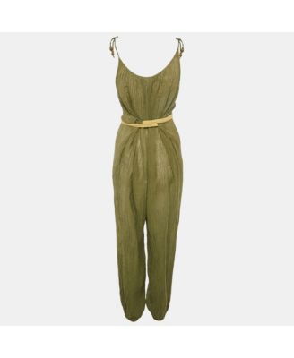 Women's Olive Green Ramie & Cotton Belted Jumpsuit