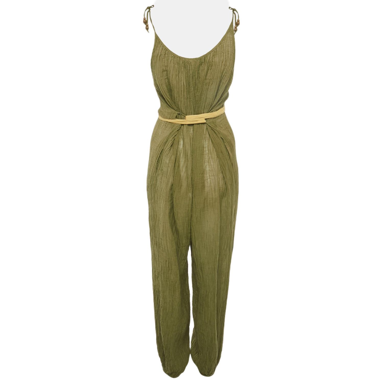Women's Olive Green Ramie & Cotton Belted Jumpsuit