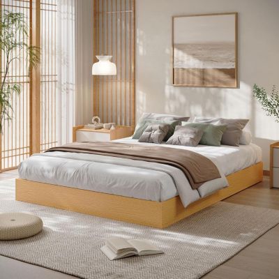 Wood Platform Bed with Sturdy Wooden Slats, Floor-Standing Bed Frame, Modern Minimalist Design Space-Saving Bed Frame, No Box Spring Needed