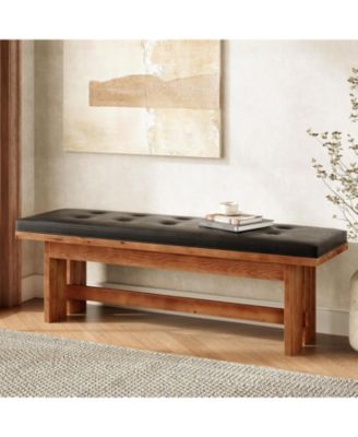 Solid Wood Bench with Cushion, 55" Upholstered Entryway Bench, Button-Tufted Shoe Bench Seat