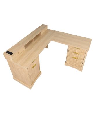  59" Modern Fluted L-Shaped Desk with Charging Station & Storage Cabinet - Oak