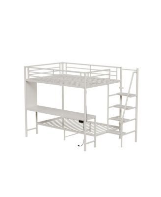  White full size bunk bed with twin size, LED light and charging socket