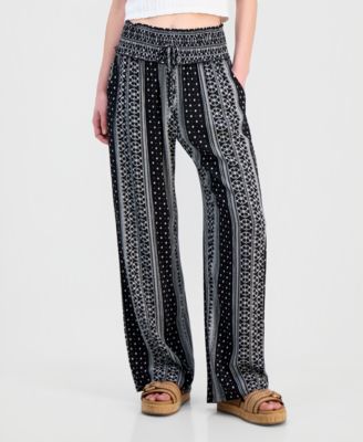 Juniors' Printed Smocked-Waist Wide-Leg Pants