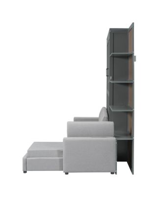 Queen Size Murphy Bed Wall Bed with Sofa and Shelves, Gray