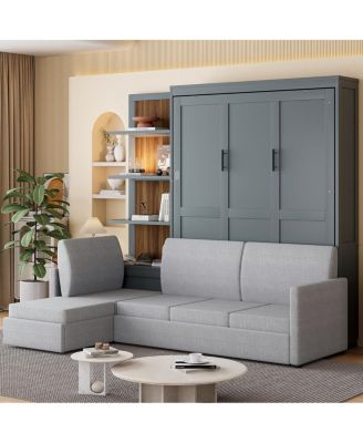 Queen Size Murphy Bed Wall Bed with Sofa and Shelves, Gray