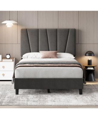 Size Bed Frame with Adjustable Headboard, Linen Upholstered Platform Bedframe with Strong Wooden Slats, Easy Assembly