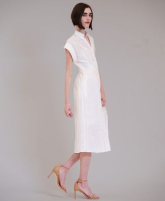 Women's Short-Sleeve V-Neck Eyelet Midi Shirt Dress