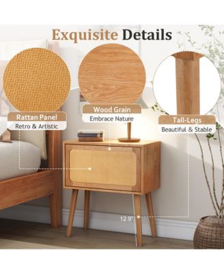 Rotating Hidden Compartment Nightstands, Mid Century Rattan Bedside Table with Flip Drawer and Wood Legs for Living Room, Bedroom