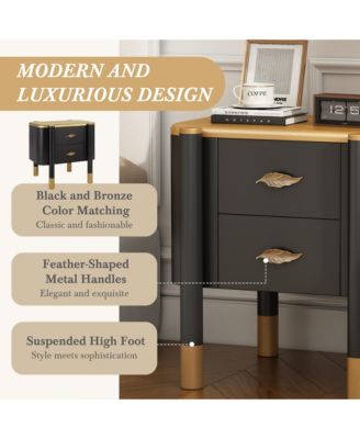 2 Drawers Nightstand with Curved Profile Design, Bedside Table with Metal Feather-Shaped Handles, End Table for Living Room and Bedroom