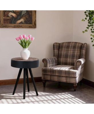 15.7 in. Round Coffee Table with Carved Top – Small Drink Table, Modern Accent Nightstand for Living Room, Bedroom, Office – Easy Assembly