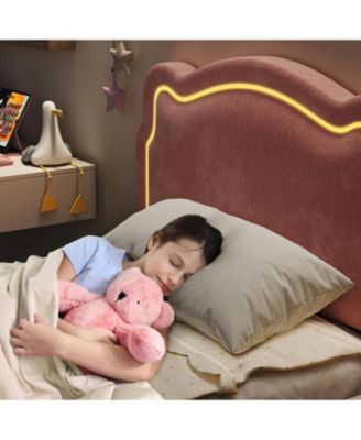 Twin Bed Frame with Smart LED Lights and Bear-Shapped Upholstered Headboard,Velvet Princess Platform Bed