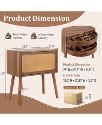 Rotating Hidden Compartment Nightstands, Mid Century Rattan Bedside Table with Flip Drawer and Wood Legs for Living Room, Bedroom