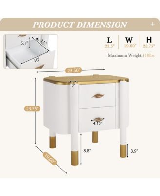 2 Drawers Nightstand with Curved Profile Design, Bedside Table with Metal Feather-Shaped Handles, End Table for Living Room and Bedroom