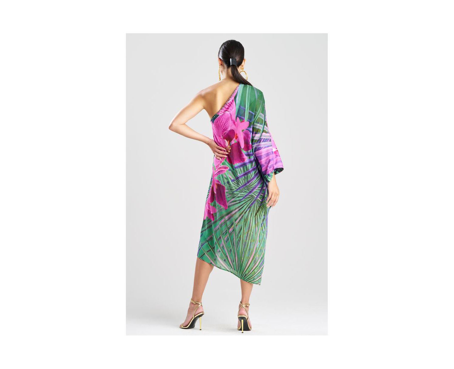 Women's Orchid - Silk Cotton Voile One Shoulder Caftan w/ Beading