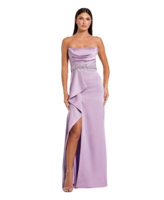 Women's Strapless Satin Gown With Embellished Belt Detail