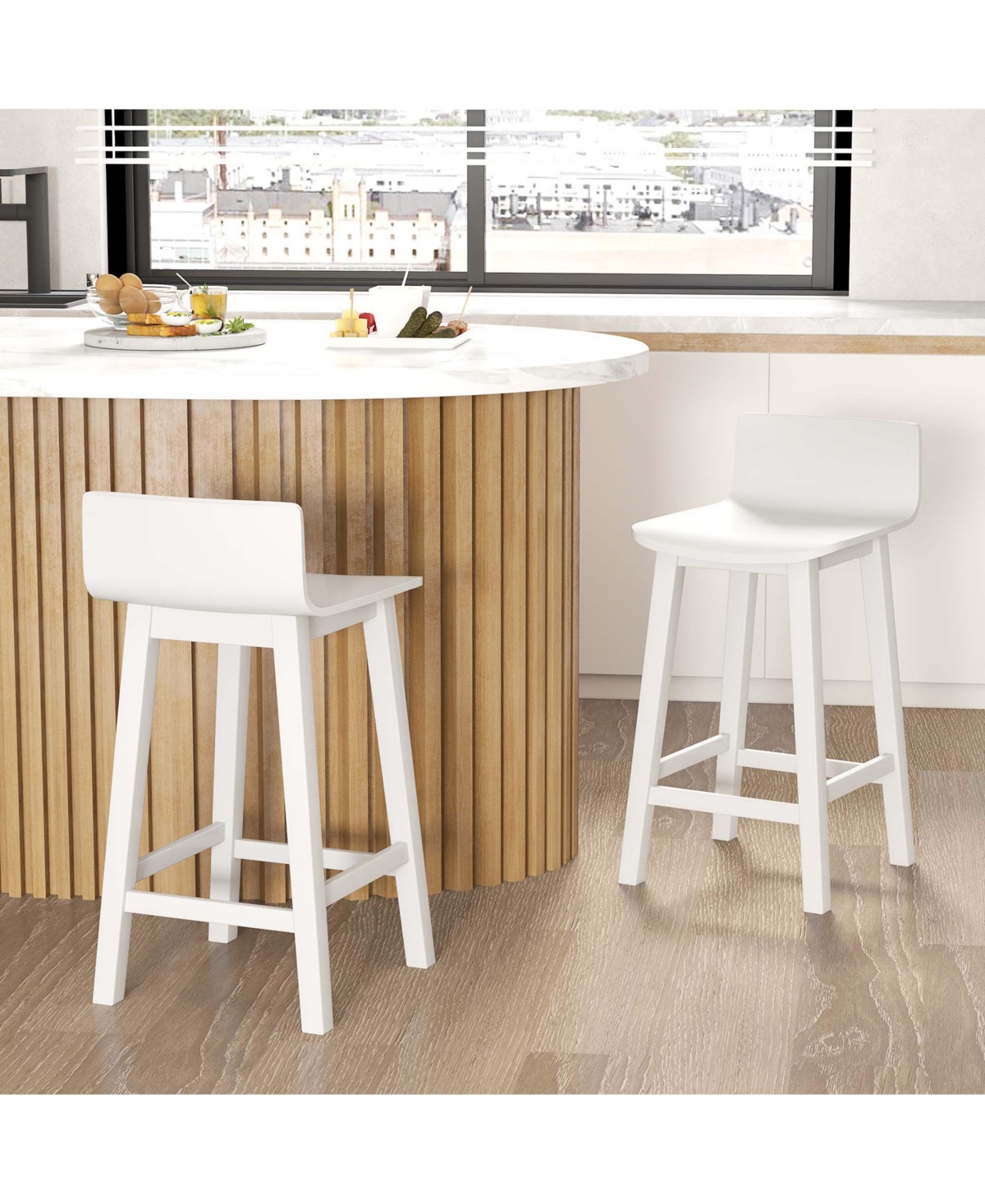24.5" Wood Bar Stools Set of 2 with Solid Back & Seat Mid Century Chairs