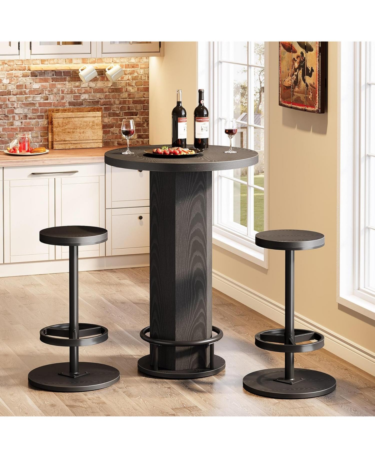 Tribesigns Round Bar Table with 2 Chairs, Industrial Bistro Sets barstools, Pub Cocktail Metal Ring Footrest for Kitchen Nook, Apart