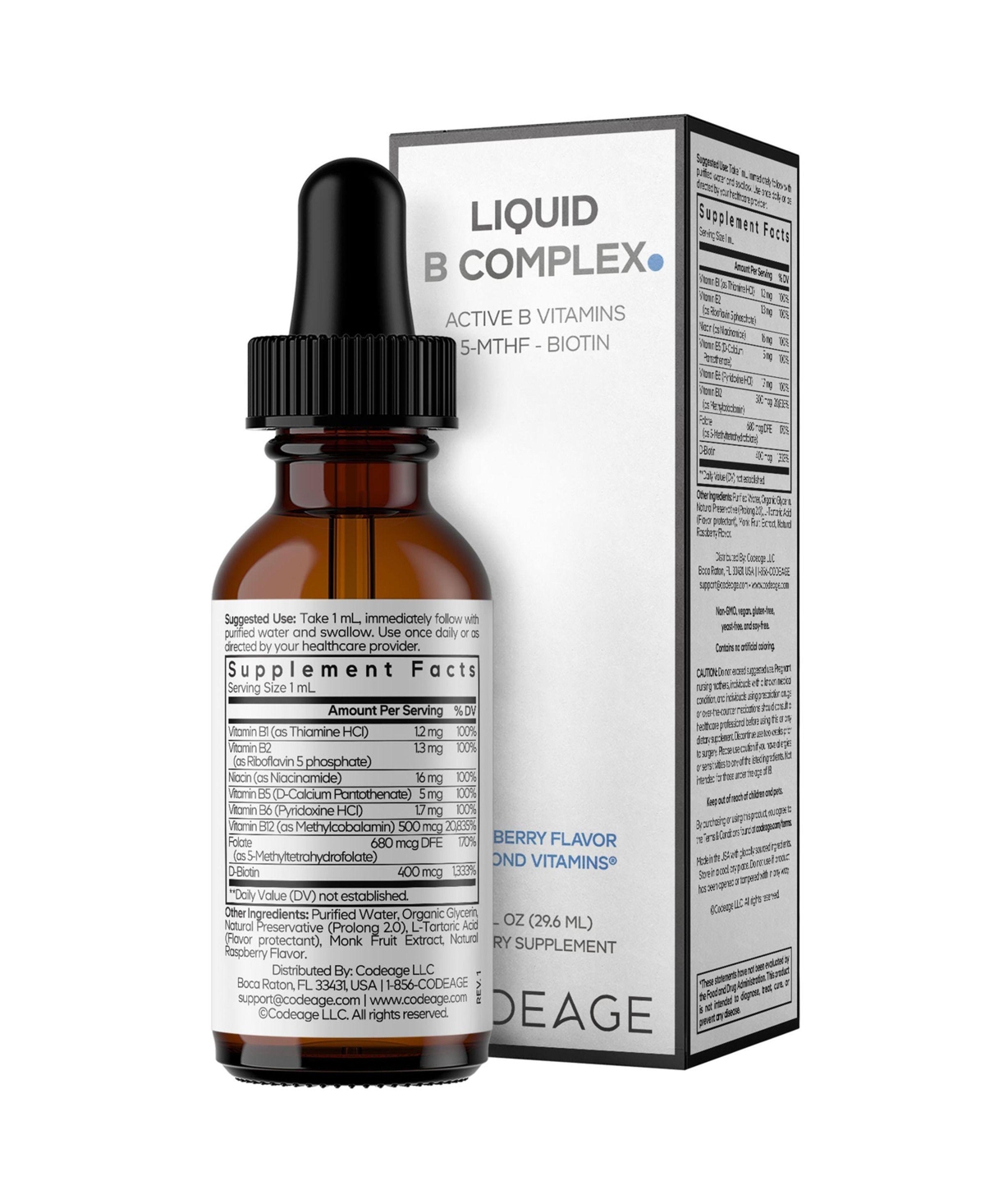 Codeage Liquid B-Complex Supplement with 8 Forms of Vitamin B Vitamin Thiamine B1, Riboflavin B2, B3, B5, B6, Biotin B7, Methylated B9 & B12, 1 fl oz