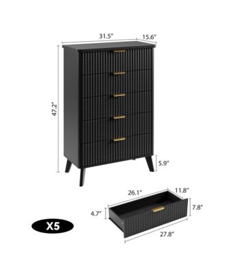 Fluted Dresser for Bedroom, 5 Deep Drawer Modern Wood Storage Chest, Black