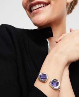 Rigid Metal Alloy Bracelet Plated in Sterling Silver with Two Purple Faceted Crystals duplicate