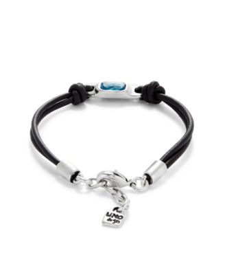 Leather and Metal Alloy Bracelet, plated in Sterling Silver, with Blue Faceted Glass