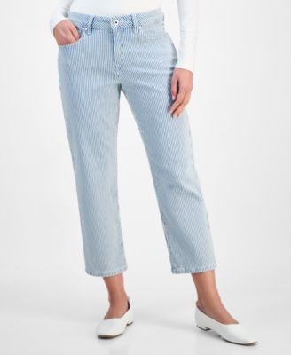 Women's Striped Mid Rise Curvy Capri Jeans