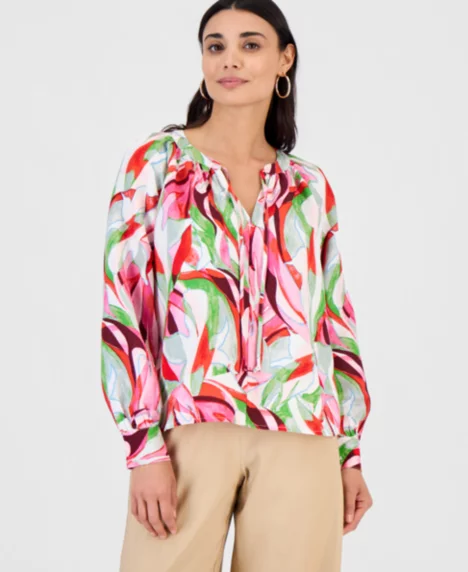 Petite Tie-Neck Top - Casey Abstract