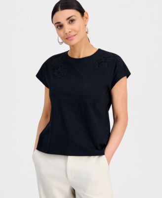 Petite Short-Sleeve Lace-Shoulder Tee