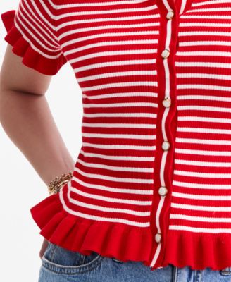 Women's Short-Sleeve Ruffle-Trim Collared Sweater