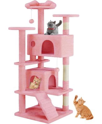 54" Pink Cat Tree Tower: Multi-Level, Sisal Post, Ladder, Plush Toys, Rest & Play
