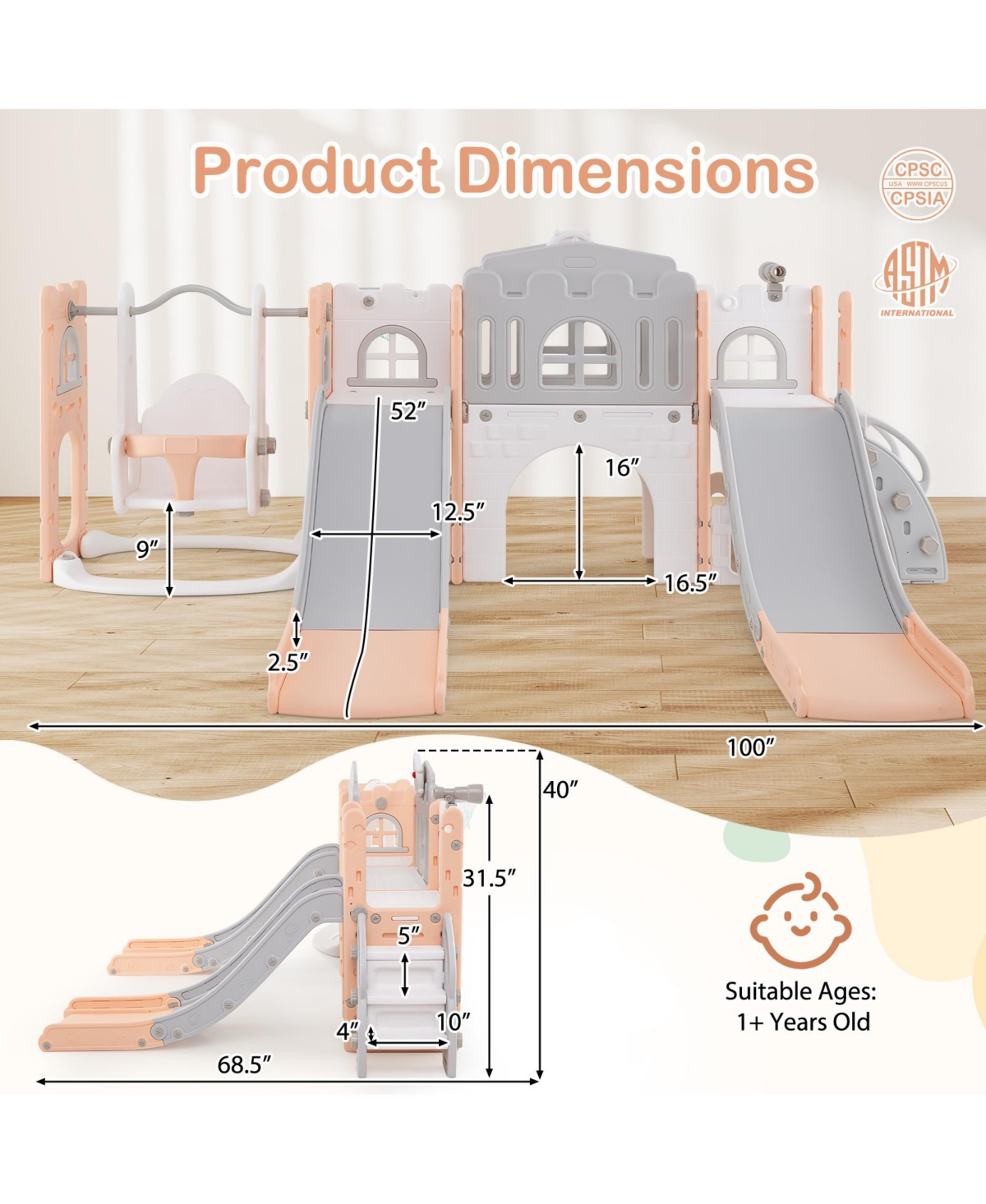 Hongge 10 in 1 Toddler Slide and Swing Playset with Climber Tunnel and Double Slides