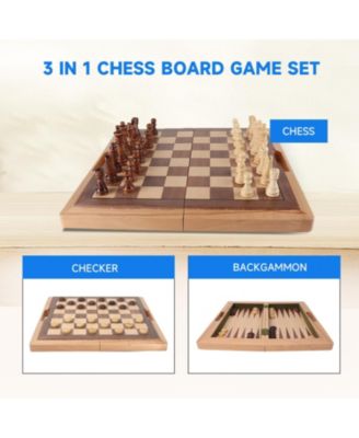 16" Deluxe 3-in-1 Wooden Folding Chess Checker and Backgammon Board Game Combo Set for Kids & Adults
