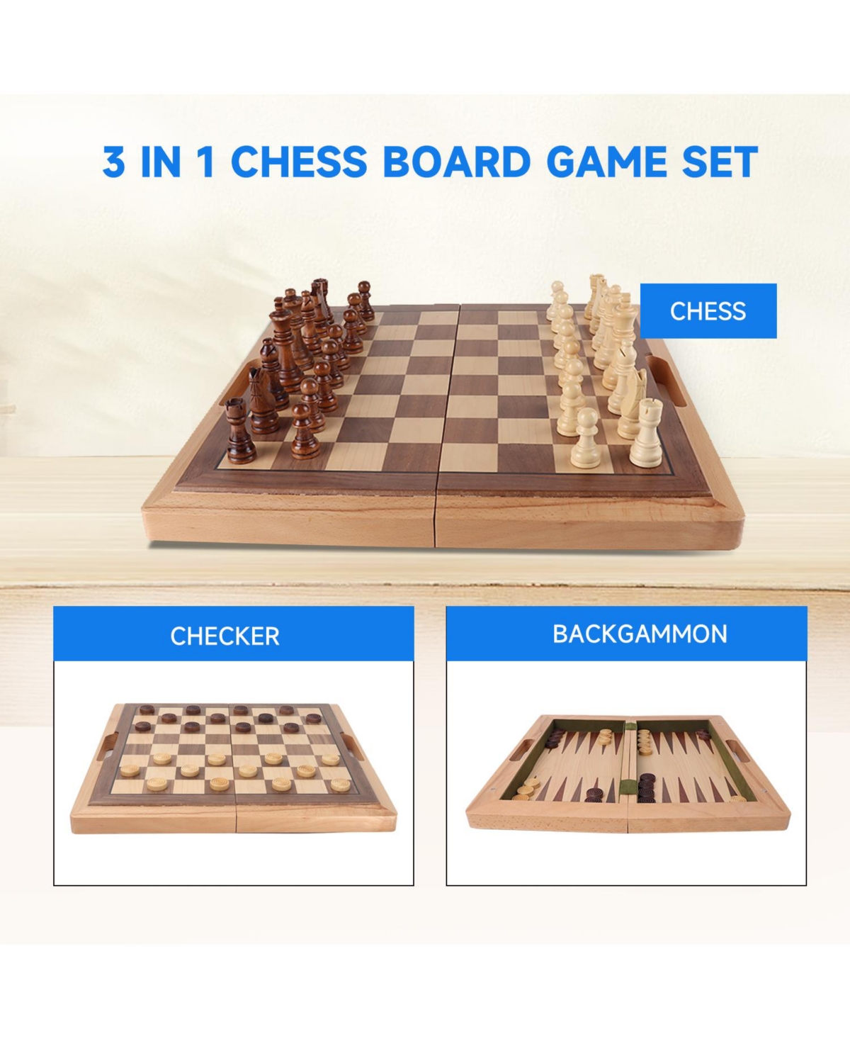 Gse Games & Sports Expert 16" Deluxe 3-in-1 Wooden Folding Chess Checker and Backgammon Board Game Combo Set for Kids & Adults