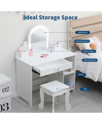 Kids Vanity Lighted Mirror - 2 in 1 Little Girls Vanity Table and Stool - Kids Makeup for Bedrooms, Apartments