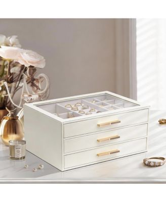 3 Layer Leather Jewelry Box with Clear Lid and Gold Hardware