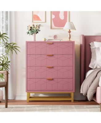 Dresser for Bedroom, 4 Drawer Pink Wooden Dresser with Gold Handles, Modern Storage Dressers & Chests of Drawers for Hallway,