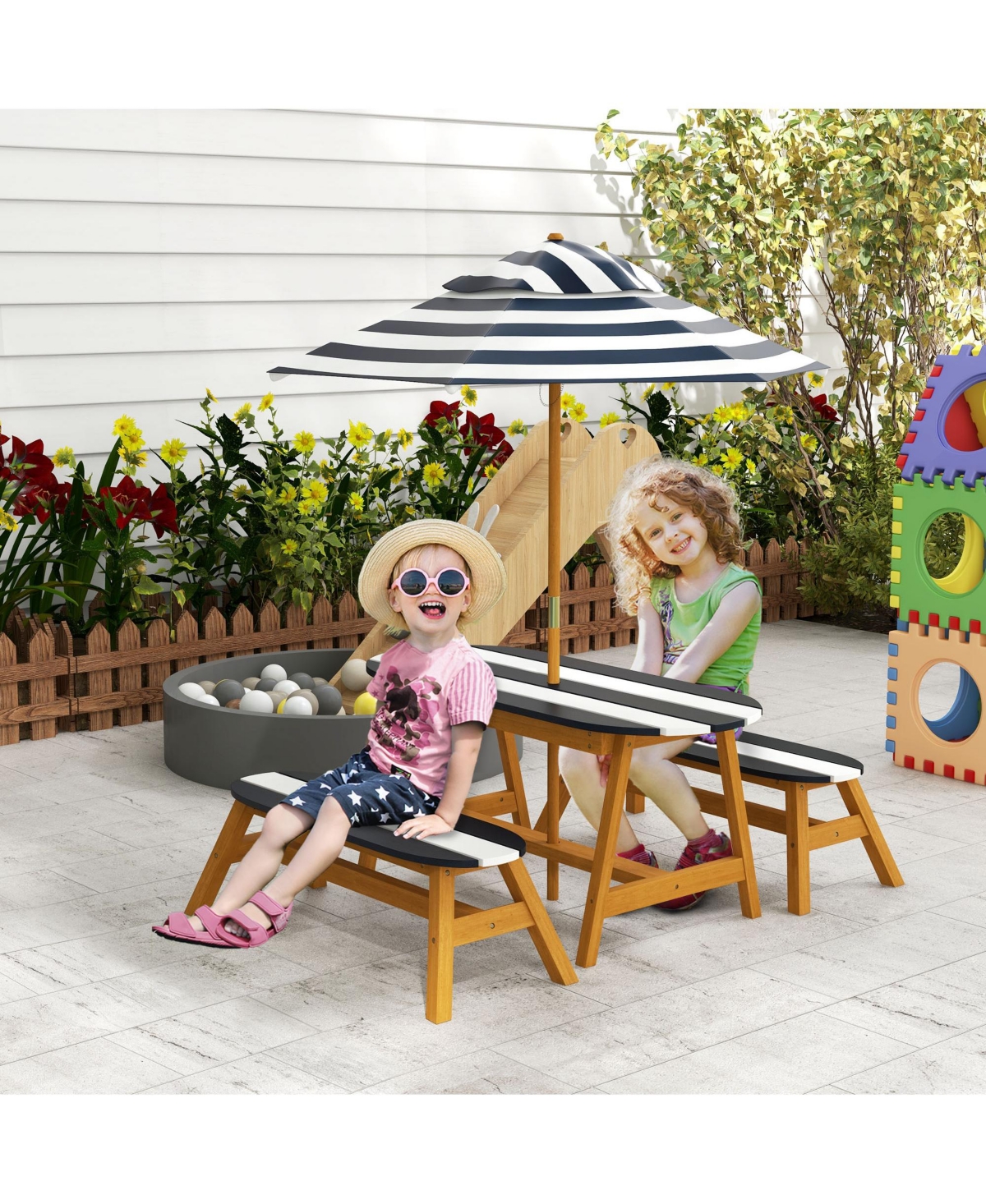 Hongge Kids Outdoor Table and Bench Set with Umbrella Seating for Ages 3 to 8