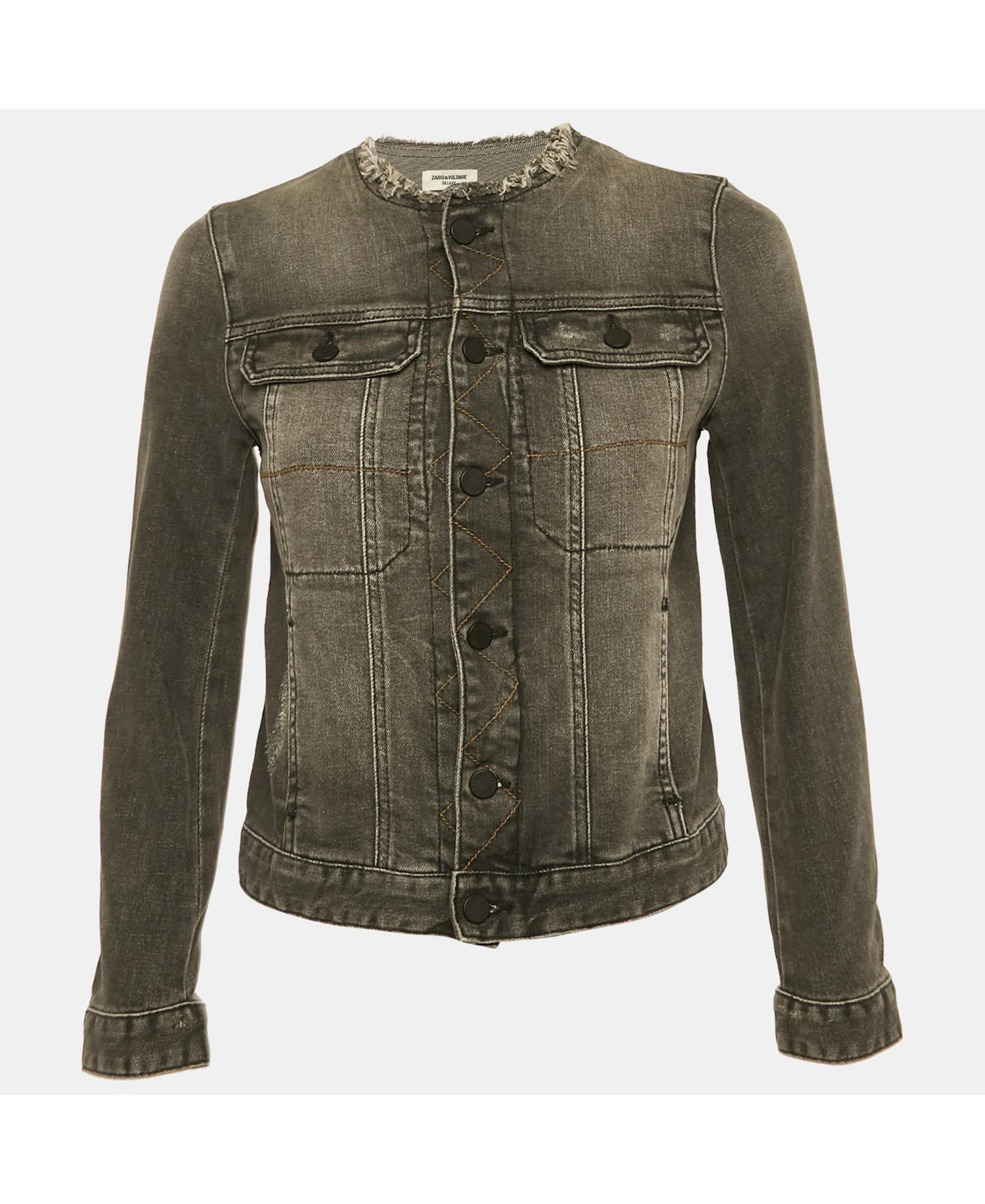 Women's Pre-Owned Zadig and Voltaire Grey Distressed Denim Embroidered Kiok Gris Brode Jacket