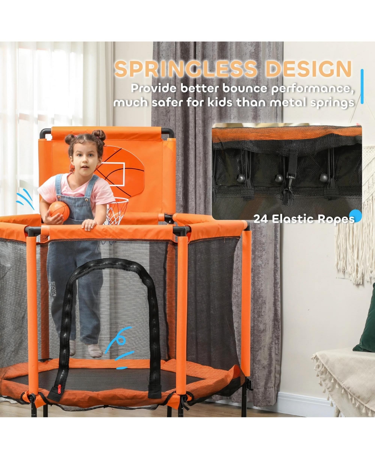 Hongge Kids Indoor Trampoline with Enclosure and Basketball Hoop for Ages Three to Six