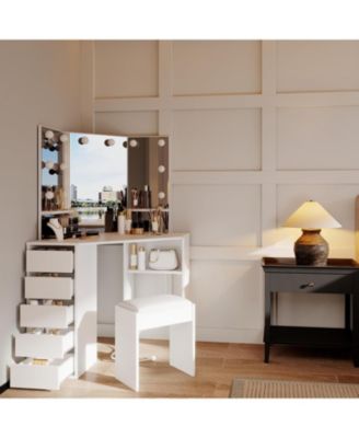 Corner Vanity and Stool - Corner Vanity Desk Mirror and Lights - Corner Makeup Vanity for Bedrooms, Apartments