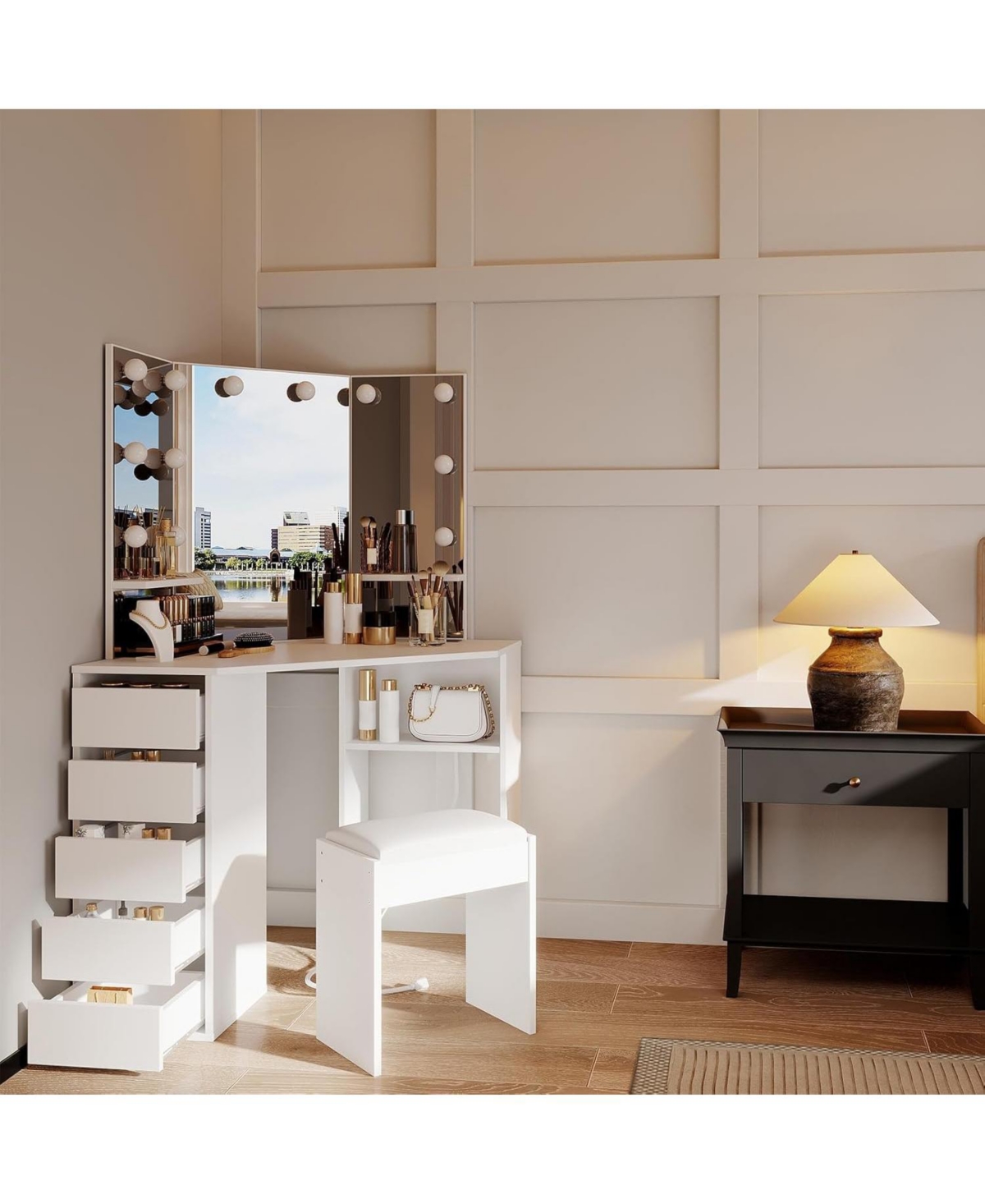 gaomon Corner Vanity and Stool - Corner Vanity and