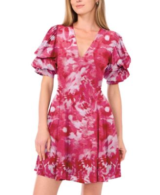 Women's V-Neck Short Bubble Sleeve Mini Dress