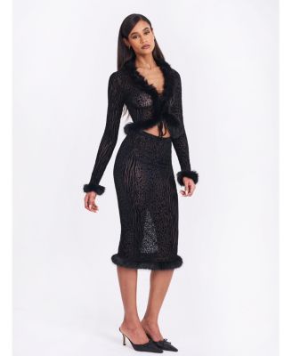 Women's Halia Black Animal Print Burnout Velvet Fur Trim Skirt