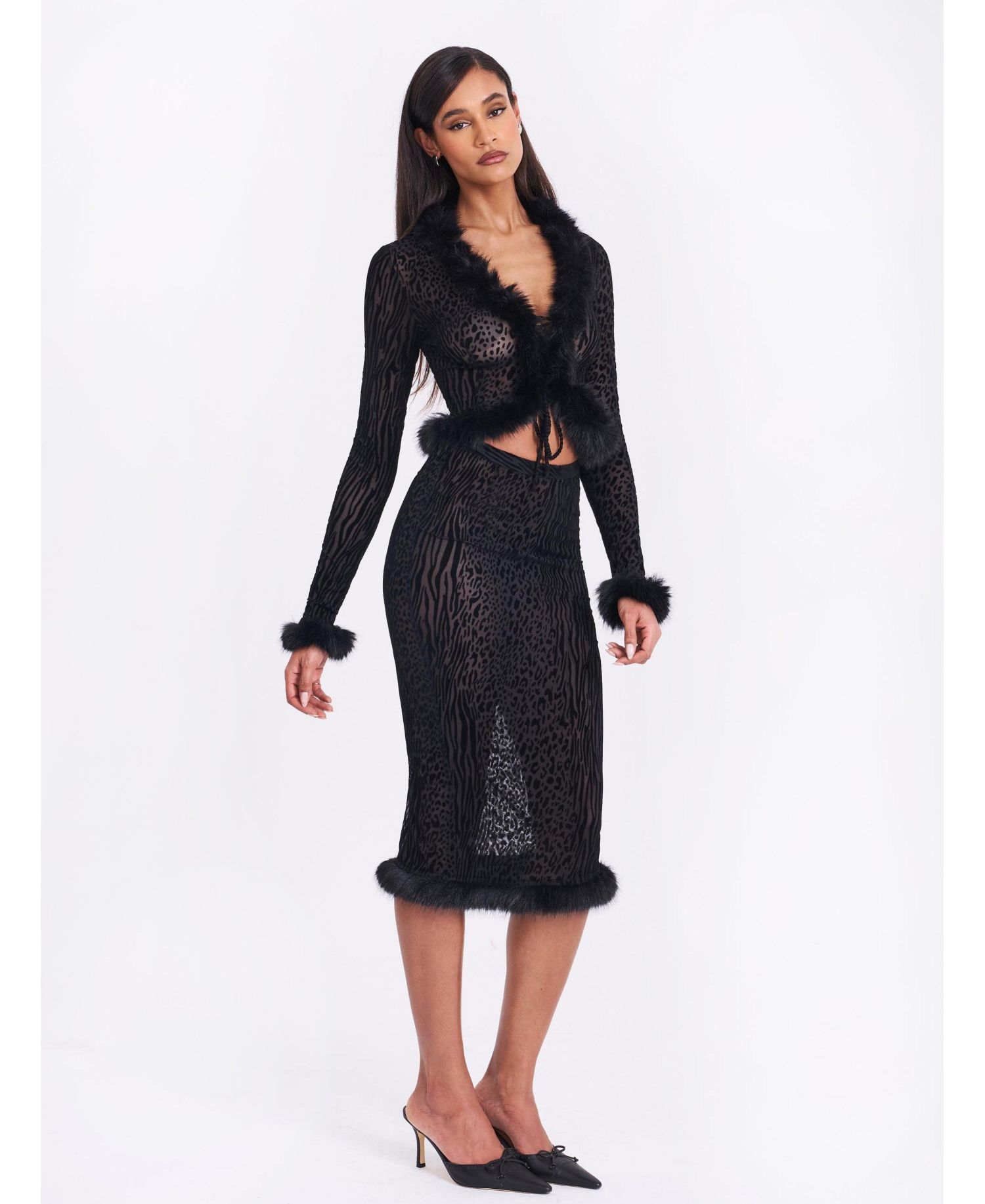 Women's Halia Black Animal Print Burnout Velvet Faux Fur Trim Skirt