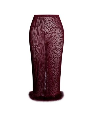 Women's Halia Burgundy Animal Print Burnout Velvet Fur Trim Skirt