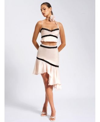 Women's Yahvi Beige Lace Trim Satin Skirt