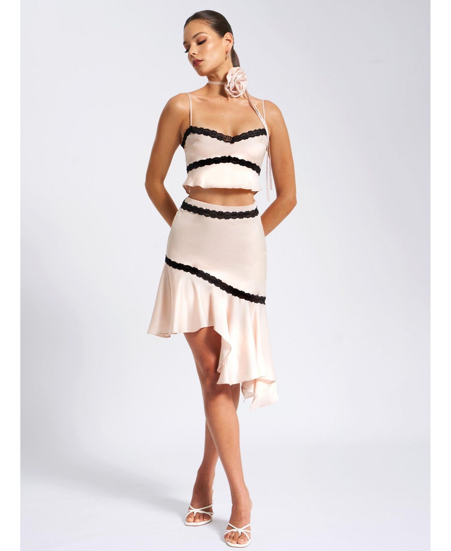 Women's Yahvi Beige Lace Trim Satin Skirt