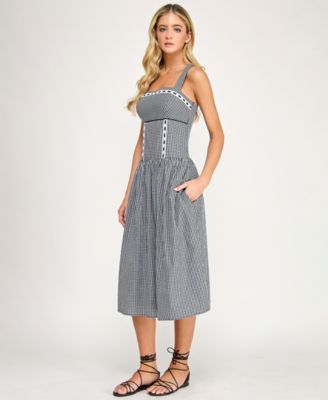 Juniors' Gingham Ribbon Trim and Smocked Back Square Neck Dress