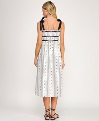 Juniors' Embroidered Floral Stripe With Tie Shoulders Dress
