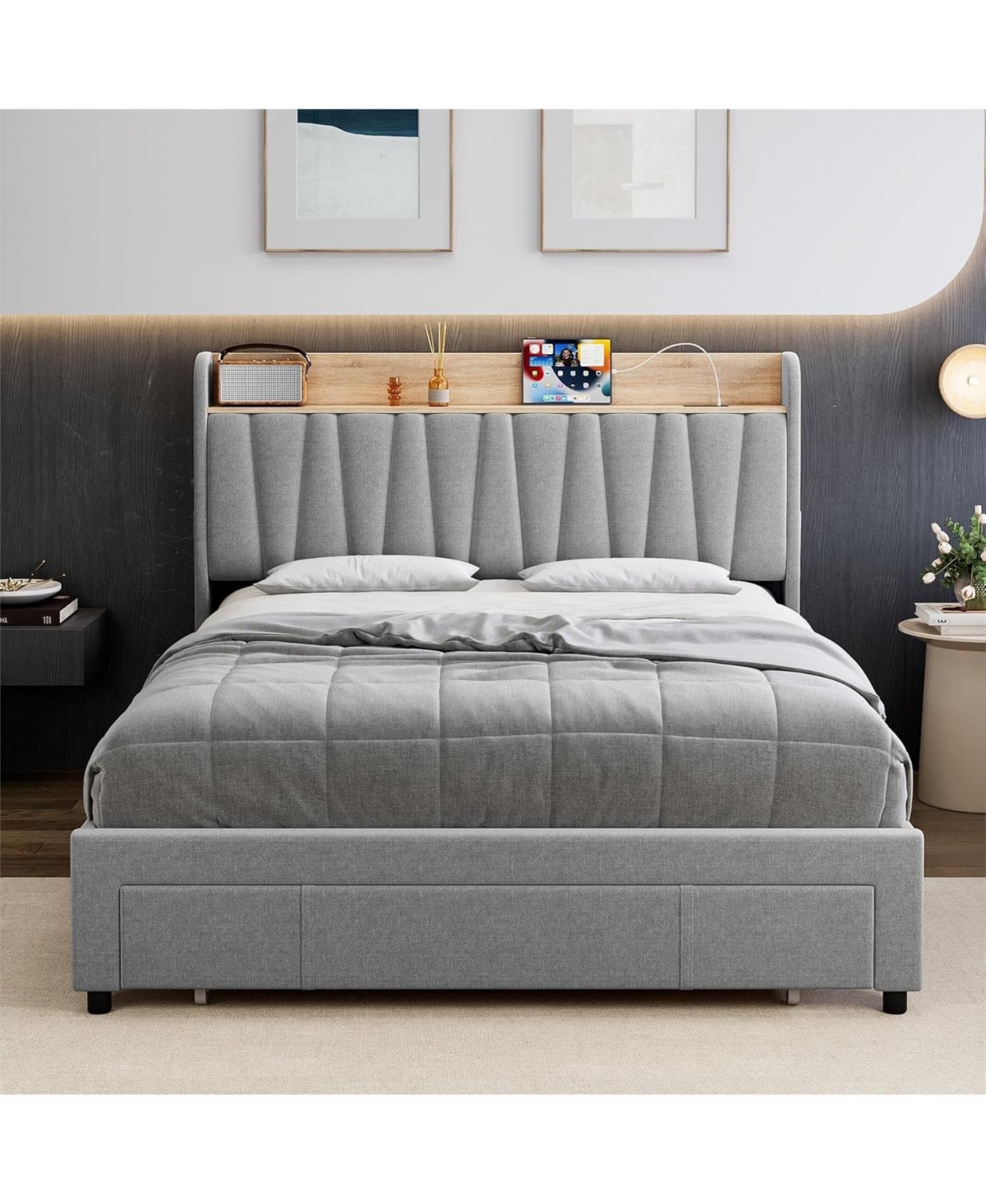 gaomon Upholstered Platform Bed Frame with Storage Drawers and Charging Station Headboard, No Box Spring Needed